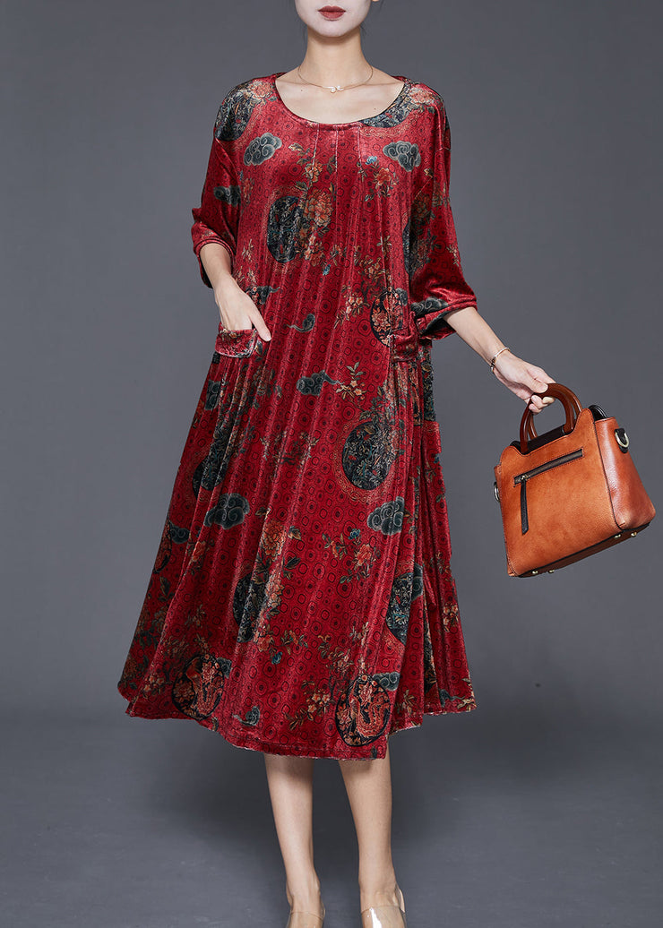 Chic Red Print Pockets Silk Velour Maxi Dress Fall