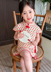 Chic Red Print Side Open Kids Holiday Long Dress Short Sleeve