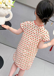 Chic Red Print Side Open Kids Holiday Long Dress Short Sleeve