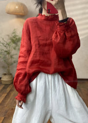 Chic Red Ruffled Linen Blouses Lantern Sleeve