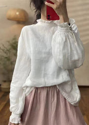 Chic Red Ruffled Linen Blouses Lantern Sleeve