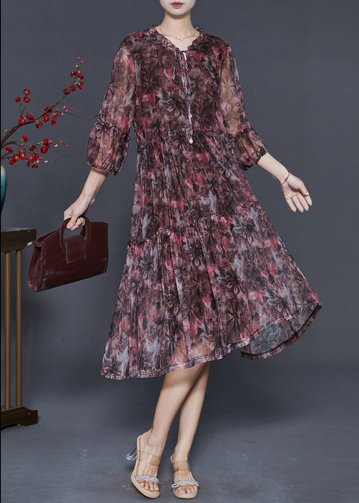 Chic Red Ruffled Print Chiffon Vacation Dresses Summer