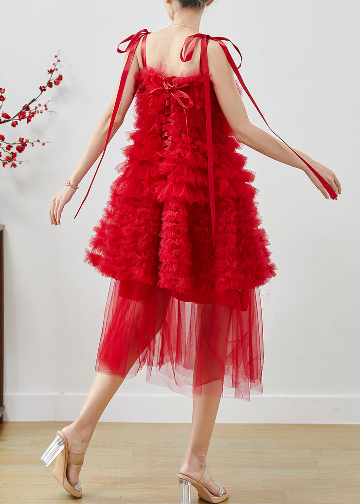 Chic Red Ruffled Tulle Mini Dresses Summer