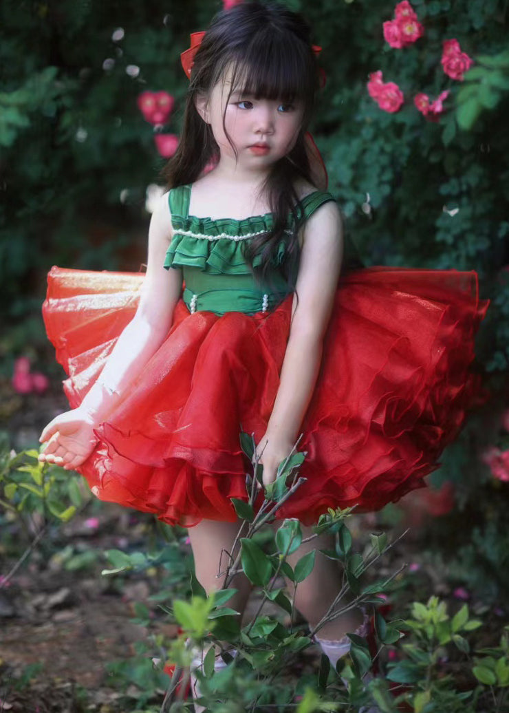 Chic Red Square Collar Patchwork Tulle Girls Spaghetti Strap Dress Summer
