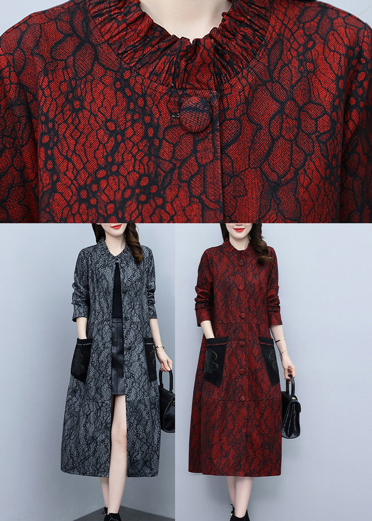 Chic Red Stand Collar Print Long Trench Coats Spring