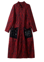 Chic Red Stand Collar Print Long Trench Coats Spring