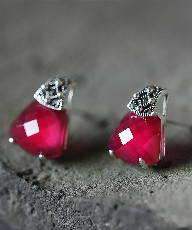 Chic Red Sterling Silver Inlaid Gem Stone Stud Earrings