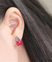 Chic Red Sterling Silver Inlaid Gem Stone Stud Earrings