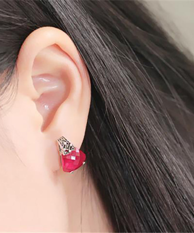 Chic Red Sterling Silver Inlaid Gem Stone Stud Earrings