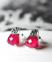 Chic Red Sterling Silver Inlaid Gem Stone Stud Earrings