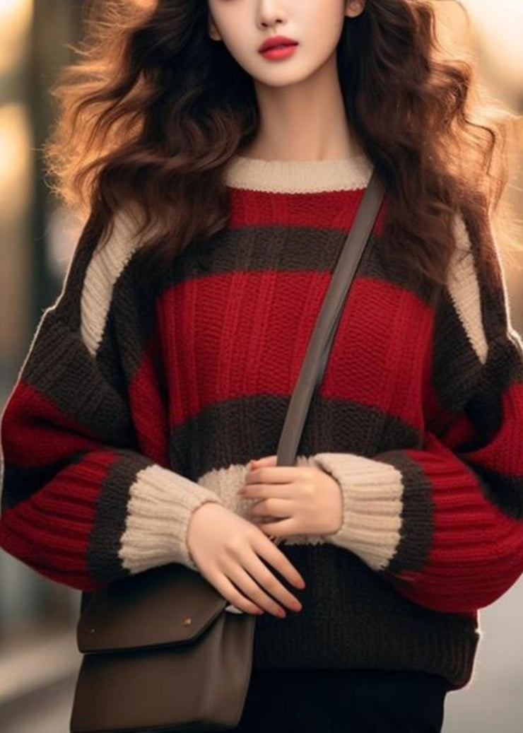 Chic Red Striped Cozy Patchwork Knit Sweater Spring