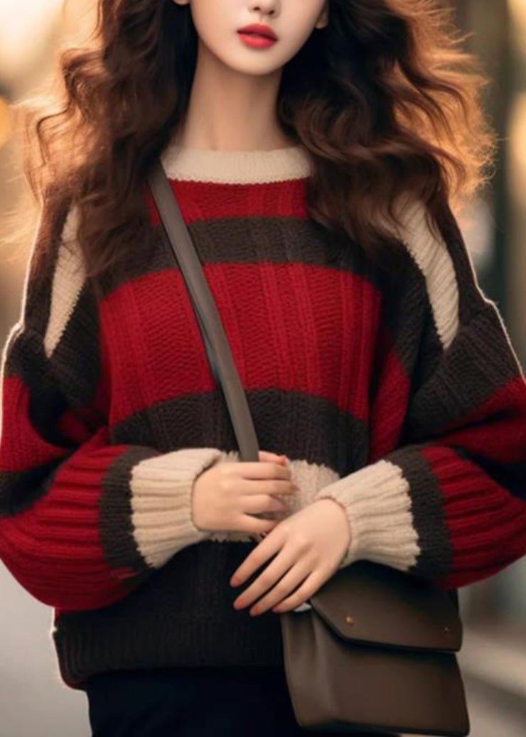 Chic Red Striped Cozy Patchwork Knit Sweater Spring