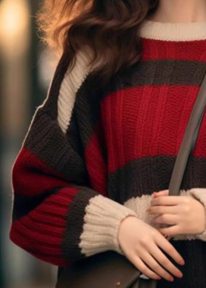 Chic Red Striped Cozy Patchwork Knit Sweater Spring