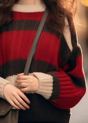 Chic Red Striped Cozy Patchwork Knit Sweater Spring