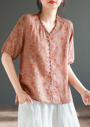 Chic Red V Neck Button Linen Top Short Sleeve