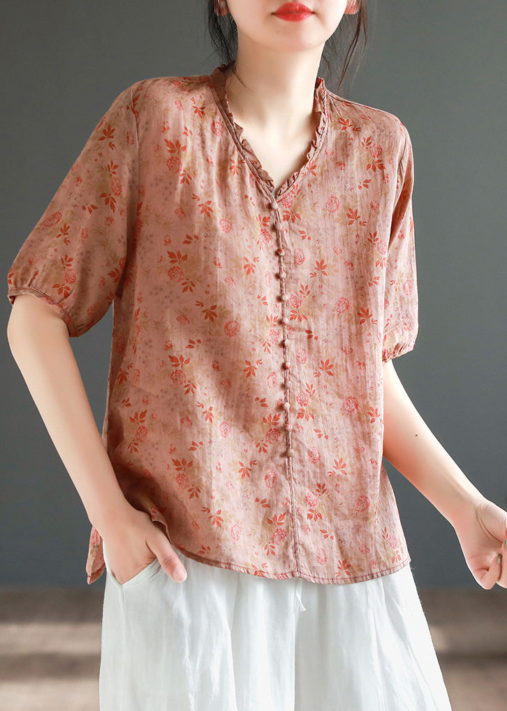 Chic Red V Neck Button Linen Top Short Sleeve