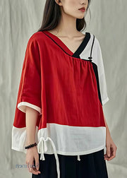 Chic Red V Neck Lace Up Linen T Shirt Half Sleeve