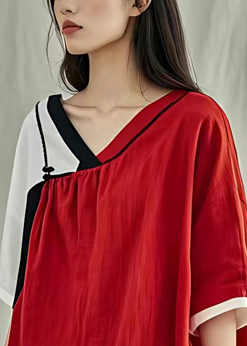 Chic Red V Neck Lace Up Linen T Shirt Half Sleeve