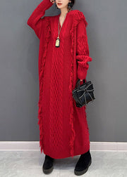 Chic Red V Neck Tassel long Knit Dress Winter