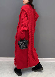 Chic Red V Neck Tassel long Knit Dress Winter