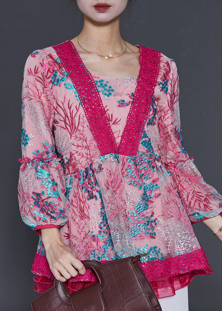 Chic Rose Embroidered Patchwork Tulle Shirt Spring