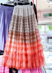 Chic Rose Gradient Color Wrinkled Elastic Waist Tulle Skirt Summer