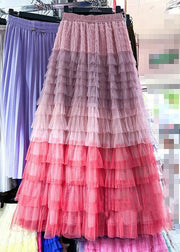 Chic Rose Gradient Color Wrinkled Elastic Waist Tulle Skirt Summer