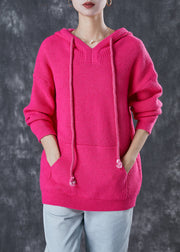 Chic Rose Hooded Drawstring Knit Sweatshirts Top Spring