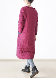 Chic Rose O-Neck Button Side Open Thick Linen Long Parka Witner