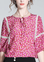 Chic Rose O-Neck Print Neck Tie Silk Tops Short Sleeve