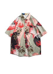 Chic Rose Peter Pan Collar Print Cotton Men Hawaiian Shirts Summer