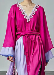 Chic Rose Tie Waist Side Open Patchwork Cotton Dresses Fall
