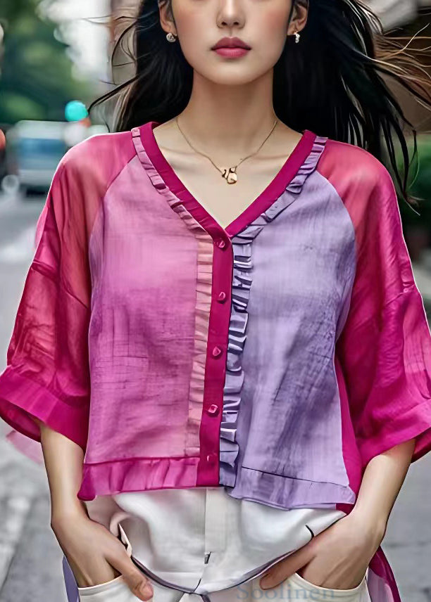 Chic Rose V Neck Ruffled Button Cotton Shirt Half Sleeve