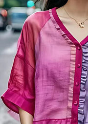 Chic Rose V Neck Ruffled Button Cotton Shirt Half Sleeve