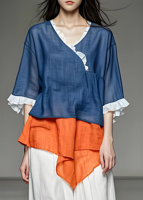 Chic Ruffled Asymmetrical Design Patchwork Cotton Top Summer