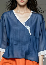 Chic Ruffled Asymmetrical Design Patchwork Cotton Top Summer