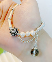 Chic Silk Sterling Silver Pearl Crystal Floral Bamboo Charm Bracelet