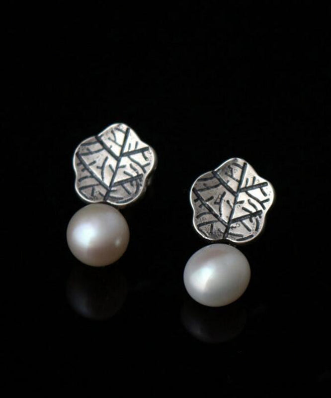 Chic Silk Sterling Silver Pearl Lotus Leaf Stud Earrings