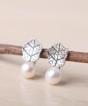 Chic Silk Sterling Silver Pearl Lotus Leaf Stud Earrings