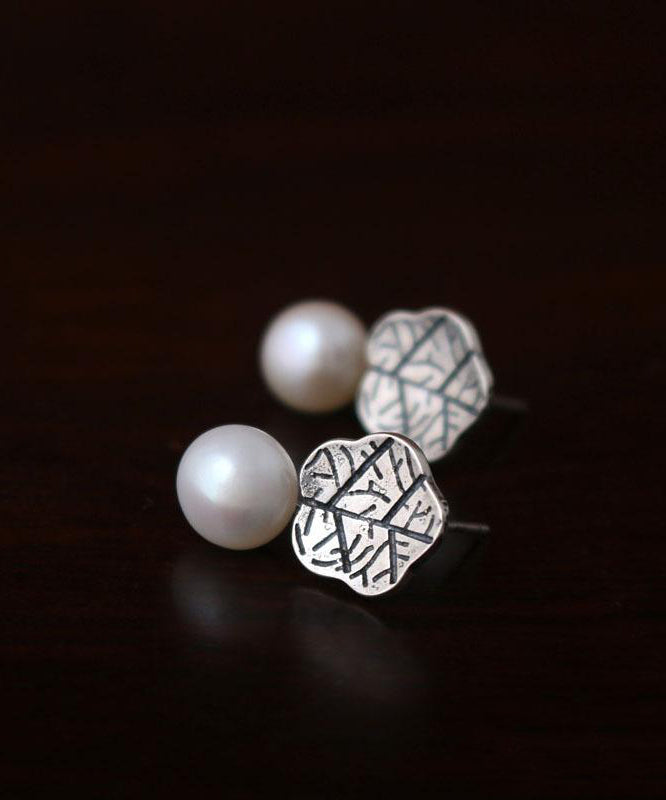 Chic Silk Sterling Silver Pearl Lotus Leaf Stud Earrings