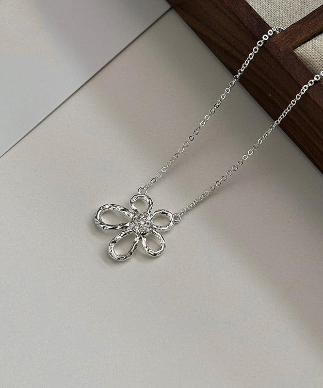 Chic Silk Sterling Silver Zircon Sunflower Hollow Out Pendant Necklace