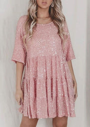 Chic Silver O Neck Sequins Cotton Mid Dress Summer