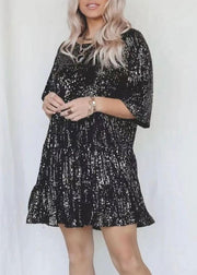 Chic Silver O Neck Sequins Cotton Mid Dress Summer