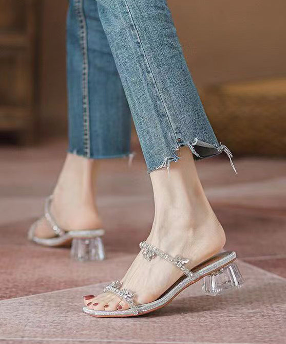 Chic Silver Zircon Peep Toe Chunky Heel Slide Sandals