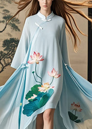 Chic Sky Blue Asymmetrical Lotus Print Chiffon Oriental Dress Spring