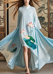 Chic Sky Blue Asymmetrical Lotus Print Chiffon Oriental Dress Fall