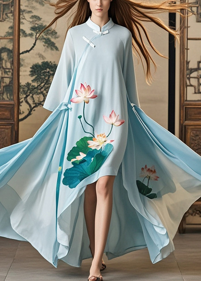 Chic Sky Blue Asymmetrical Lotus Print Chiffon Oriental Dress Spring