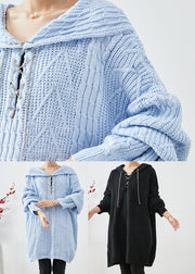 Chic Sky Blue Hooded Oversized Knit Sweater Dress Fall