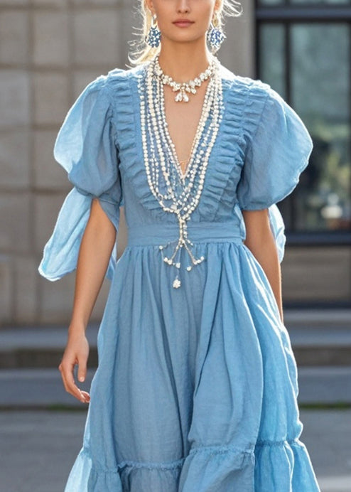 Chic Sky Blue Puff Sleeve Nail Bead Cotton Long Dress