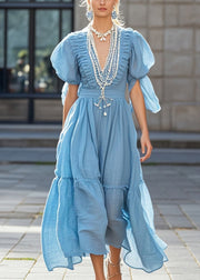 Chic Sky Blue Puff Sleeve Nail Bead Cotton Long Dress